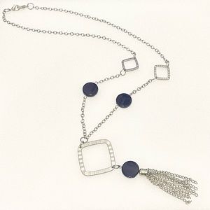 Vintage Black Acrylic And Silver Tone Geometric Tassle Necklace 24” Tassle 4”